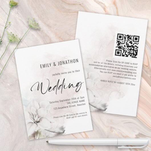 Moderne witte waterverf bloemen QR-code bruiloft Kaart