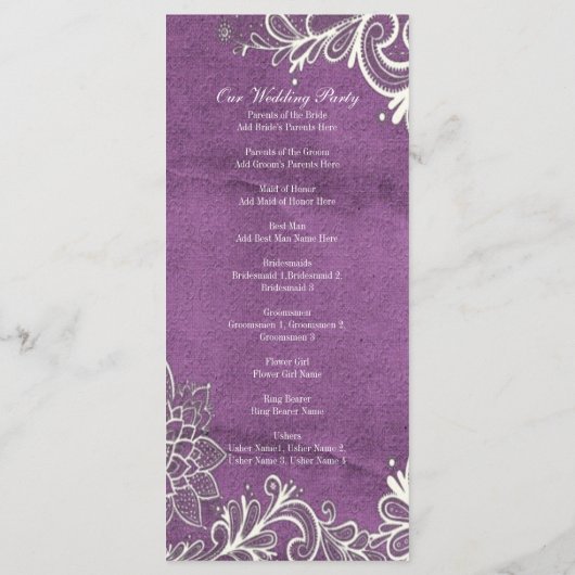 Moderne witte wervelingen paarse bruiloft programm programmakaart (Achterkant)