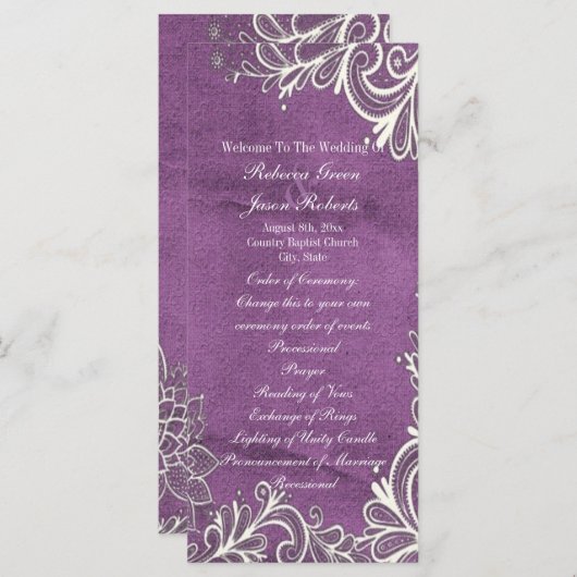 Moderne witte wervelingen paarse bruiloft programm programmakaart (Voorkant / Achterkant)