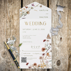 Moderne witte wilde bloem, Bouquet QR-code All In One Uitnodiging