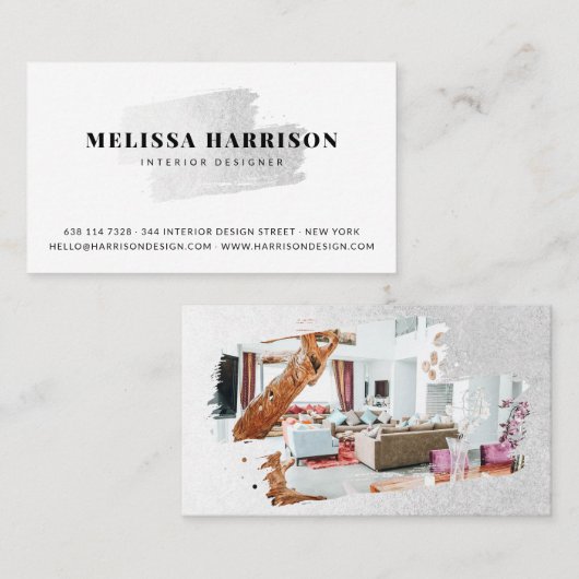 Moderne witte zilveren folie penseelstreek logo fo visitekaartje (Voorkant / Achterkant)