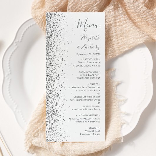 Moderne Witte Zilveren Glitter Rand Trouw Menu