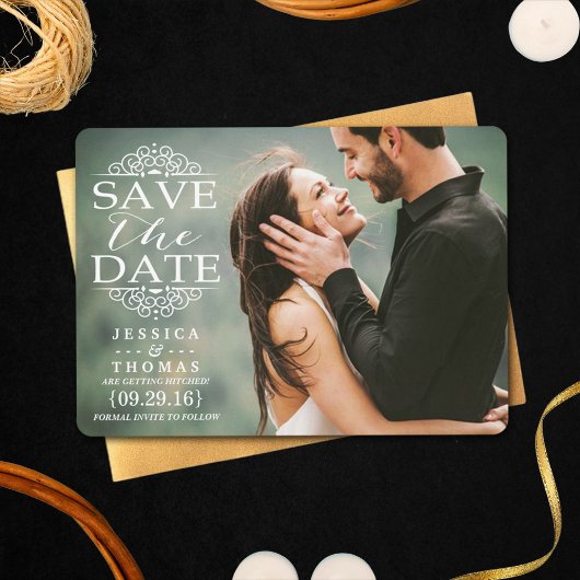 Moderne witte zirls | Aangepaste foto slaat de dat Save The Date