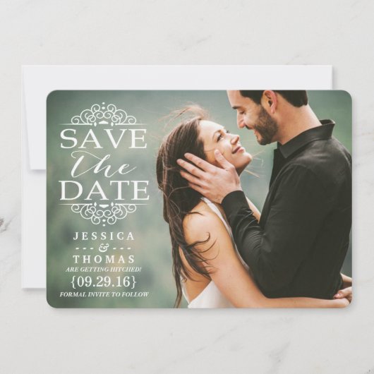 Moderne witte zirls | Aangepaste foto slaat de dat Save The Date (Voorkant)