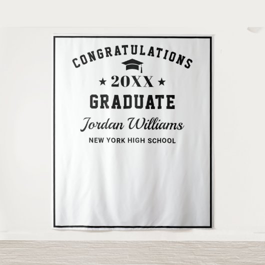 Moderne witte zwarte afstudeerfoto booth achtergro wandkleed (Voorkant)