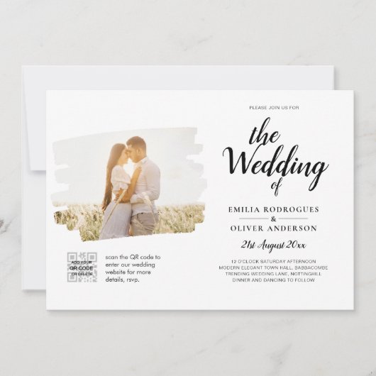 Moderne witte & zwarte FOTO trouwkaart QR Kaart (Voorkant)