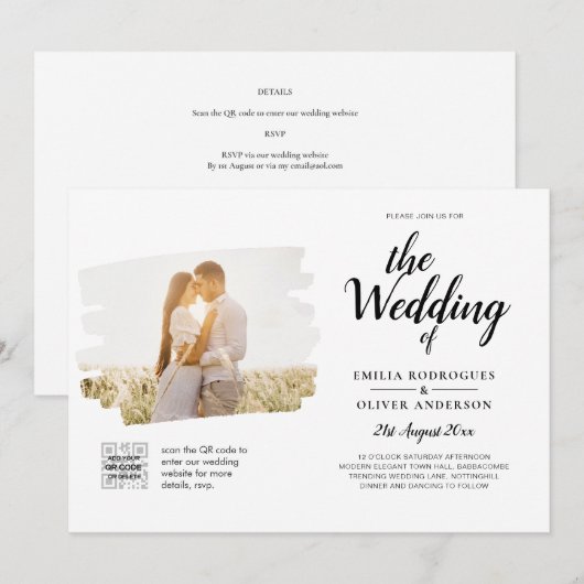 Moderne witte & zwarte FOTO trouwkaart QR Kaart (Voorkant / Achterkant)