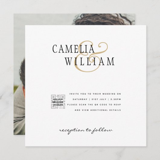 Moderne witte & zwarte FOTO trouwuitnodiging QR (Voorkant / Achterkant)