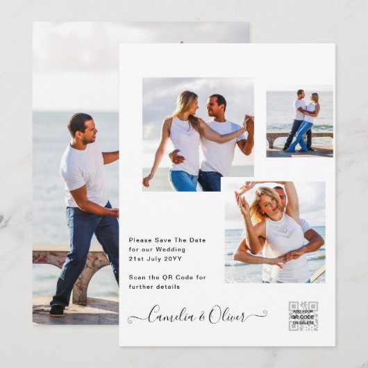 Moderne witte & zwarte FOTO trouwuitnodiging QR Kaart (Voorkant / Achterkant)