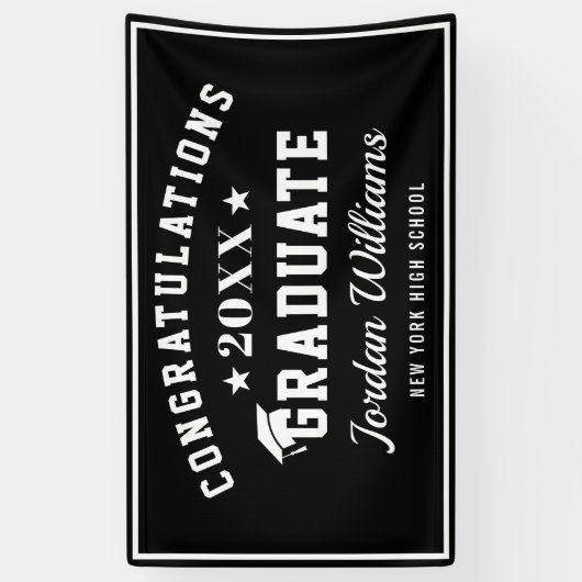 Moderne Witte Zwarte Klasse van 2024 Afstudeerfees Spandoek (Verticaal)