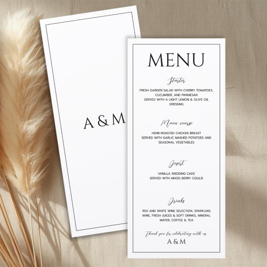 Moderne witte zwarte minimalistische bruiloft menu