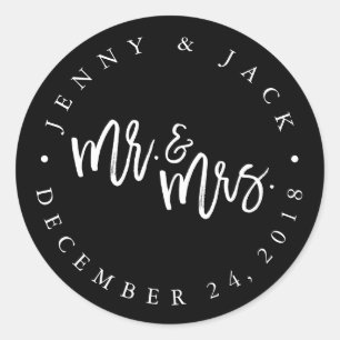 Moderne witte zwarte Mr en Mrs huwelijkssticker Ronde Sticker