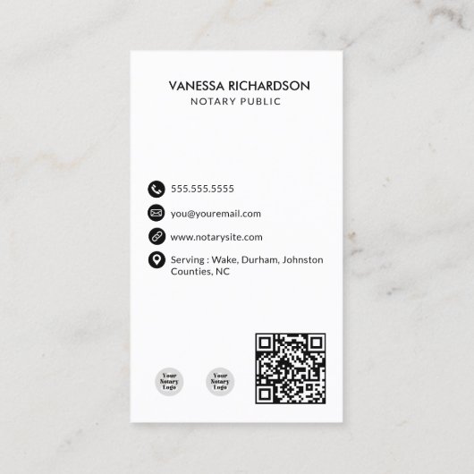 Moderne Witte & Zwarte Notaris Verticale Foto QR C Visitekaartje (Achterkant)