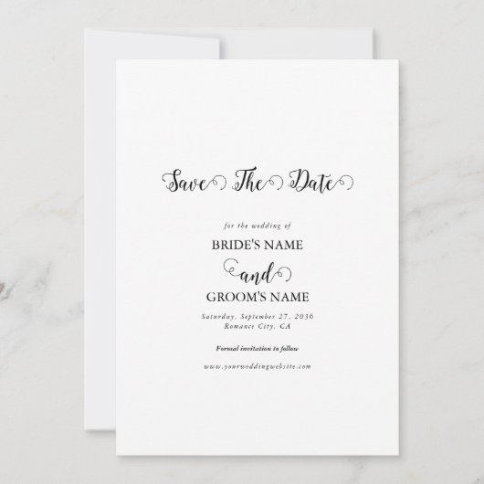 Moderne witte & zwarte script koppel foto trouwfot save the date (Voorkant)