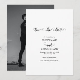 Moderne witte & zwarte script koppel foto trouwfot save the date