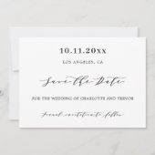 Moderne witte zwarte script trouwkaart save the date (Voorkant)
