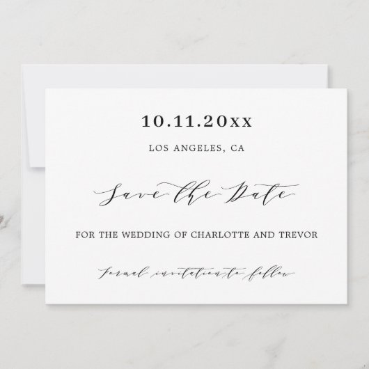 Moderne witte zwarte script trouwkaart save the date (Voorkant)