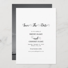 Moderne witte & zwarte scriptie koppel foto bruilo save the date