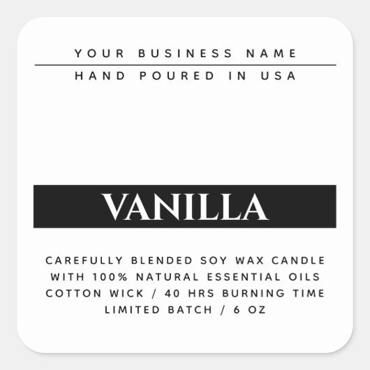 Moderne witte zwarte-verpakkingskaarsenetiket vierkante sticker (Voorkant)