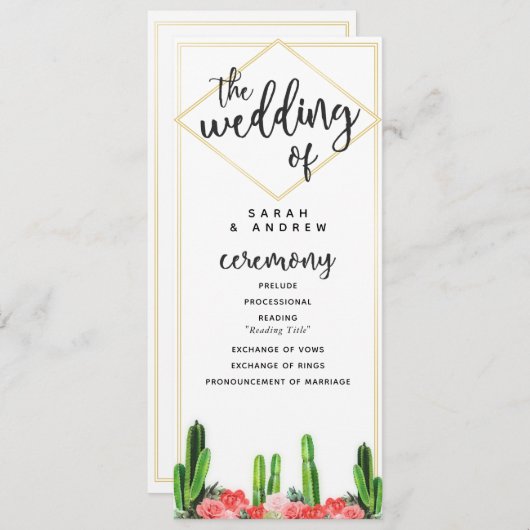 Moderne woestijncactus, sappige en bloemenbruiloft programmakaart (Voorkant / Achterkant)