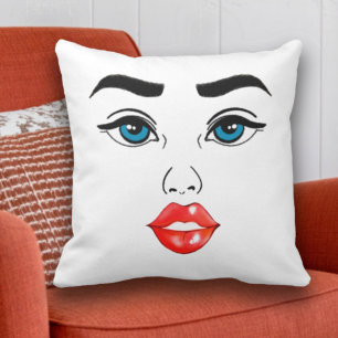 Moderne Woman Line Art Teken Blue Eyes Red Lips Kussen