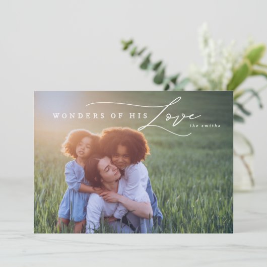 Moderne Wonders of Zijne Liefde Religieuze Kerstmi Feestdagenkaart (Staand voorkant)