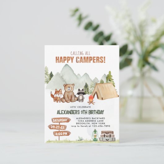 Moderne Woodland Happy Camper Camping Kids Verjaar Briefkaart (Staand voorkant)