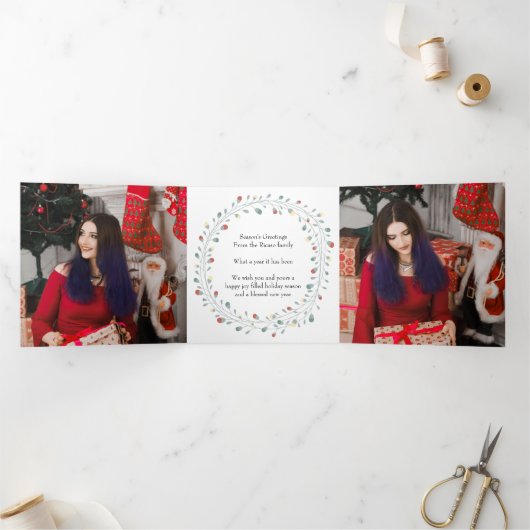 Moderne Wreath Photo Persoonlijke Kerstmis Drieluik Wenskaart (Binnen)