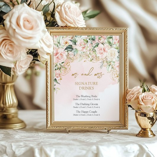 Moderne zacht roze en gouden handtekening drinken poster