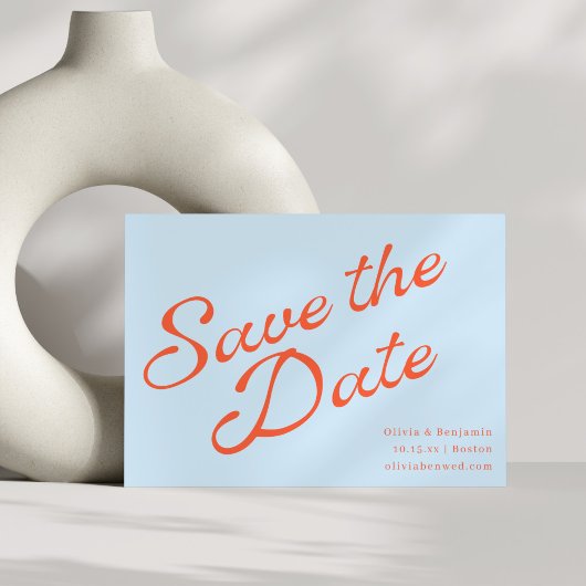 Moderne zachte blauwe oranje retro script bruiloft save the date