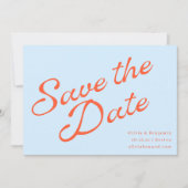 Moderne zachte blauwe oranje retro script bruiloft save the date (Voorkant)