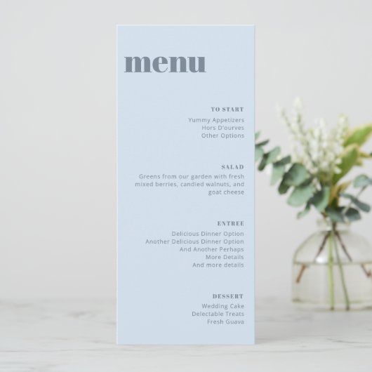 Moderne Zachte Blauwe Trouw Hoog Template Diner Me Menu (Staand voorkant)