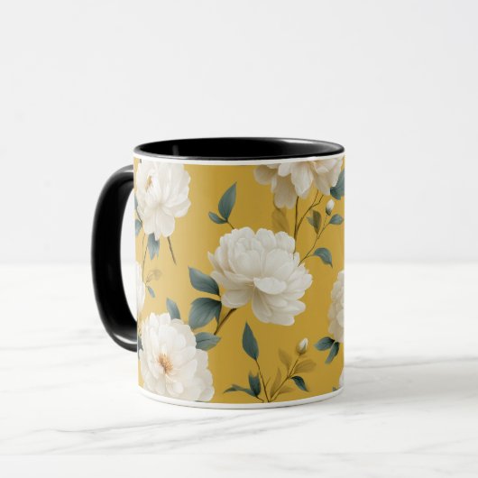 Moderne Zachte Gele Bloem Witte Bloempatroon Mok (Voorkant links)