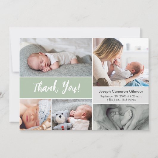 Moderne Zachte Groene Aangepaste Foto Collage Baby Bedankkaart (Voorkant)