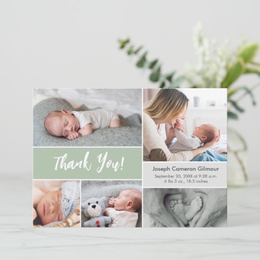Moderne Zachte Groene Aangepaste Foto Collage Baby Bedankkaart (Staand voorkant)