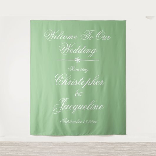 Moderne zachte groene trouw witte script achtergro wandkleed (Voorkant)