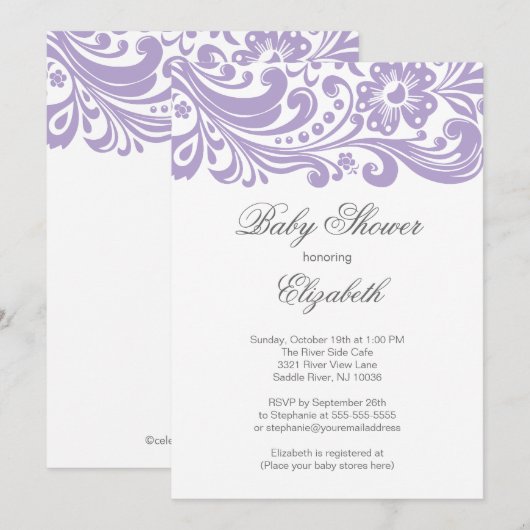 Moderne Zachte Paarse Floral Swirl Baby shower Kaart (Voorkant / Achterkant)