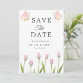 Moderne zachte roze bloem- en vlinderthema ZomerHu Save The Date (Staand voorkant)