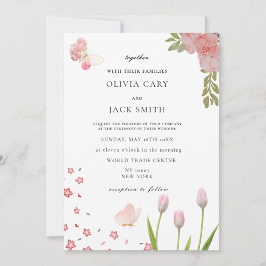 Moderne zachte roze bloemen & vlinder Zomer Huweli Kaart (Voorkant)