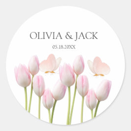 Moderne zachte roze bloemen & vlinder Zomer Huweli Ronde Sticker
