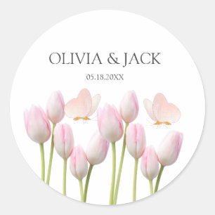 Moderne zachte roze bloemen & vlinder Zomer Huweli Ronde Sticker