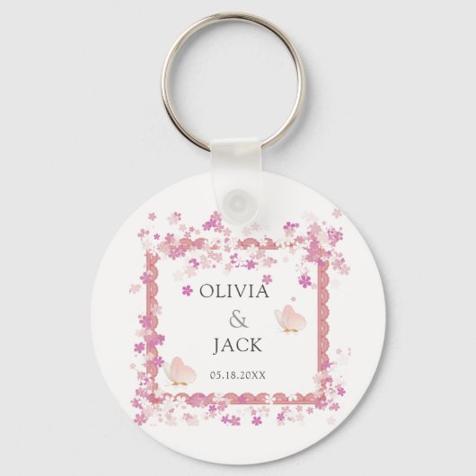 Moderne zachte roze bloemen & vlinder Zomer Huweli Sleutelhanger (Voorkant)