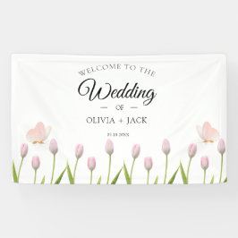 Moderne zachte roze bloemen & vlinder Zomer Huweli Spandoek