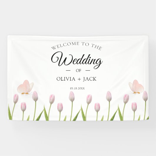 Moderne zachte roze bloemen & vlinder Zomer Huweli Spandoek (Horizontaal)