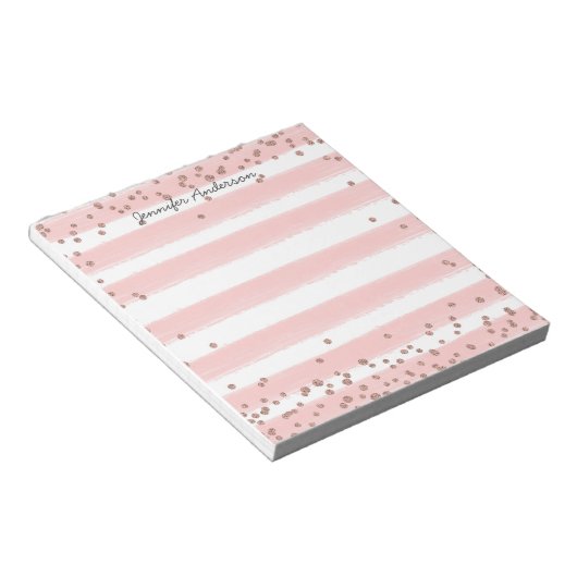 Moderne, zachte roze Stripe Gold Confetti personal Notitieblok (Schuin)