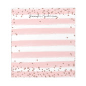 Moderne, zachte roze Stripe Gold Confetti personal Notitieblok (Voorkant)