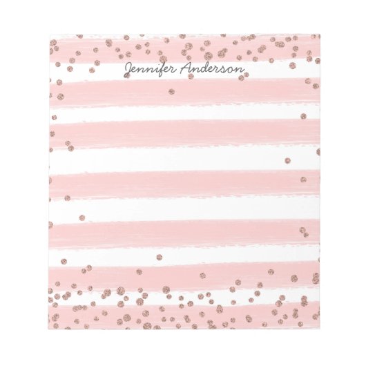 Moderne, zachte roze Stripe Gold Confetti personal Notitieblok (Voorkant)