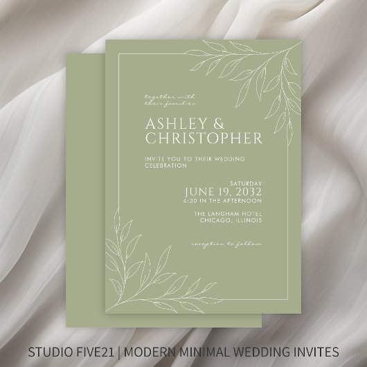 Moderne zachte salie groen loof omtrek bruiloft kaart