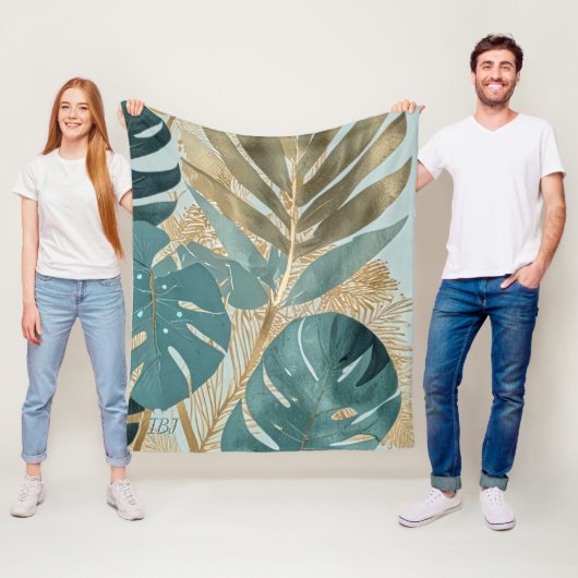 Moderne Zachte Teal Monstera Botanisch Fleece Deken (In situ)