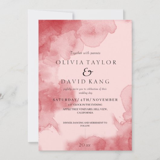 Moderne zachte Waterverf rode ombre bruiloft Kaart (Voorkant)